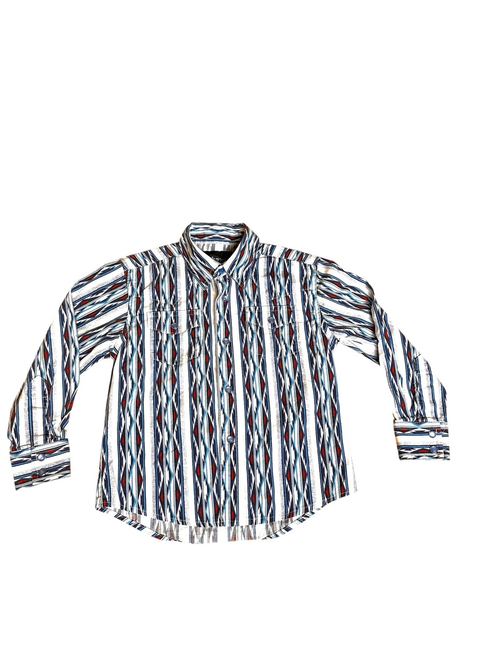 Wrangler Shirt Boys XS (3-4) Western Pearl Snap White/Blue/Red Aztec Rodeo Shirt